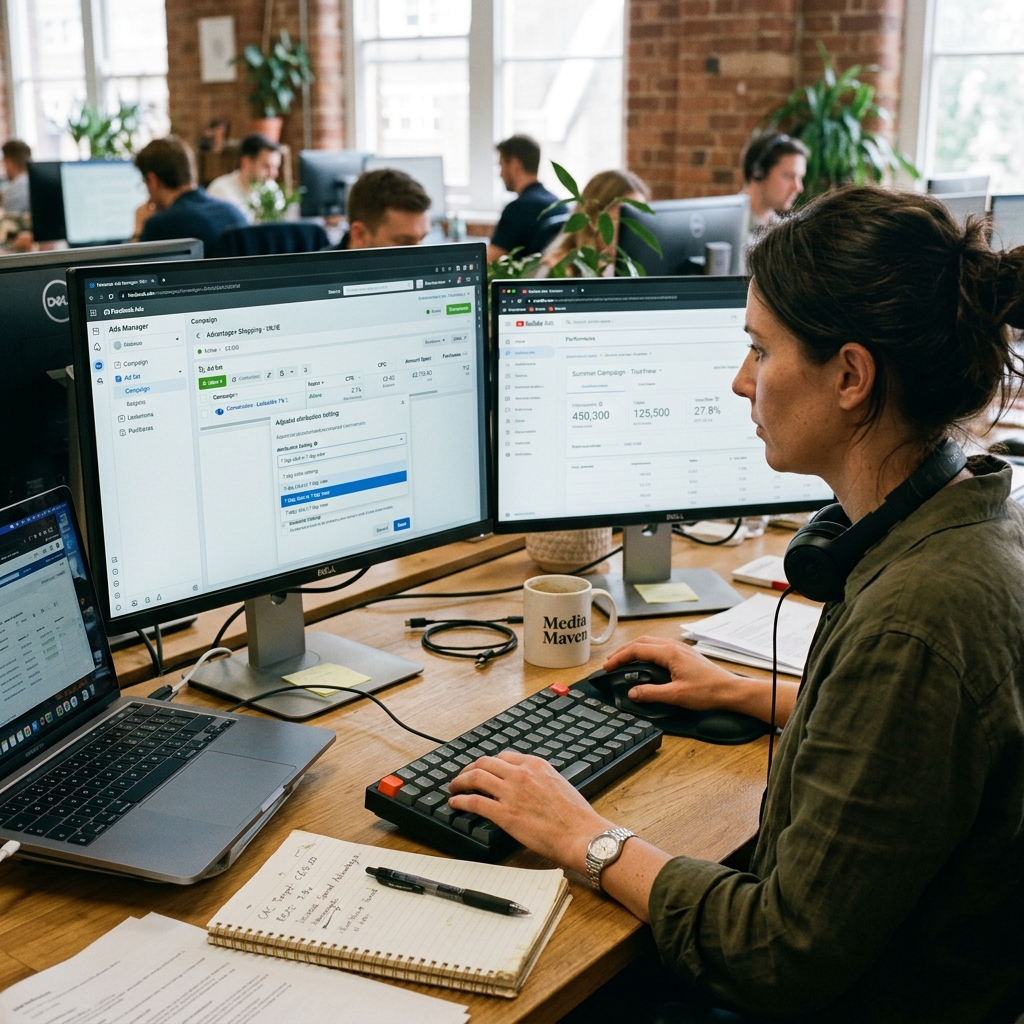 Profissional de mídia de performance ajustando novas configurações de campanhas e janelas de atribuição no Facebook Ads e anúncios no YouTube em sua estação de trabalho.