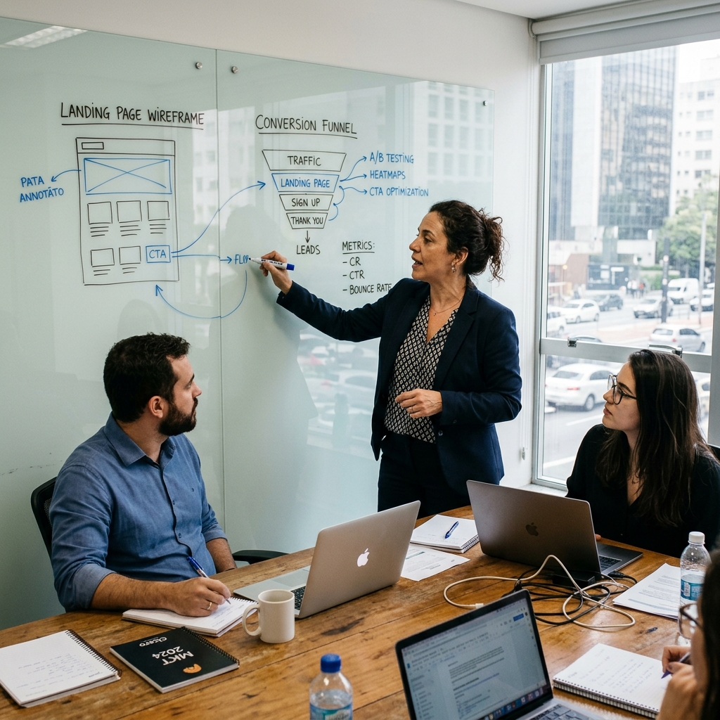 Especialistas em marketing e vendas revisando estrutura de landing page e taxa de conversão em sala de reunião