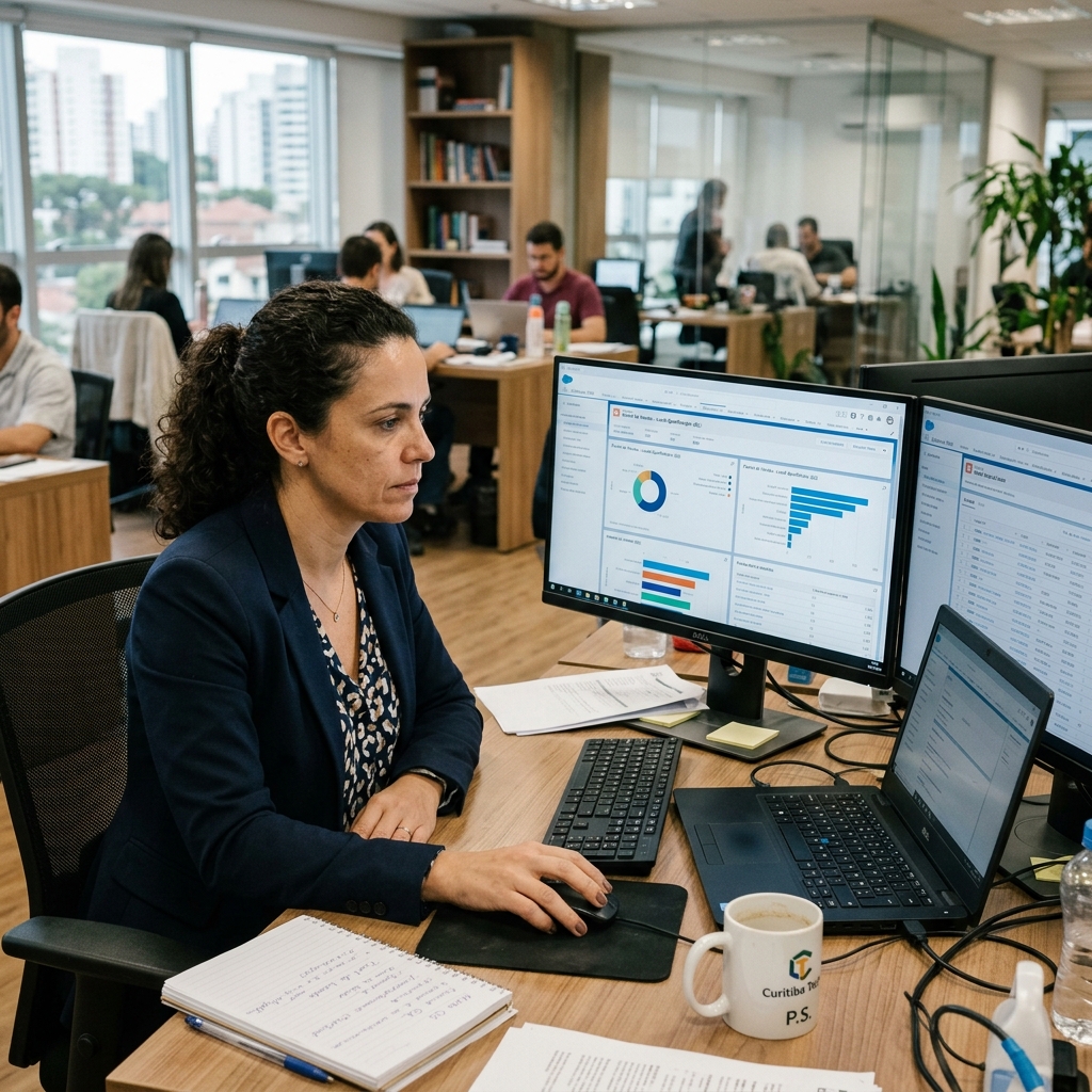 Gestora comercial examinando fluxo de leads qualificados e integração com CRM em estação de trabalho