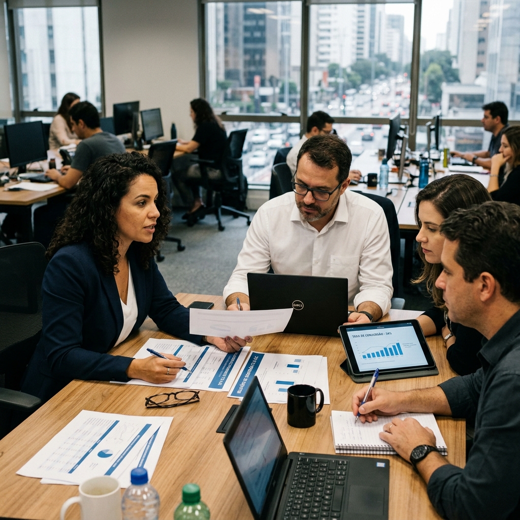 Equipe executiva reunida analisando relatórios de retorno sobre investimento e otimização de páginas corporativas