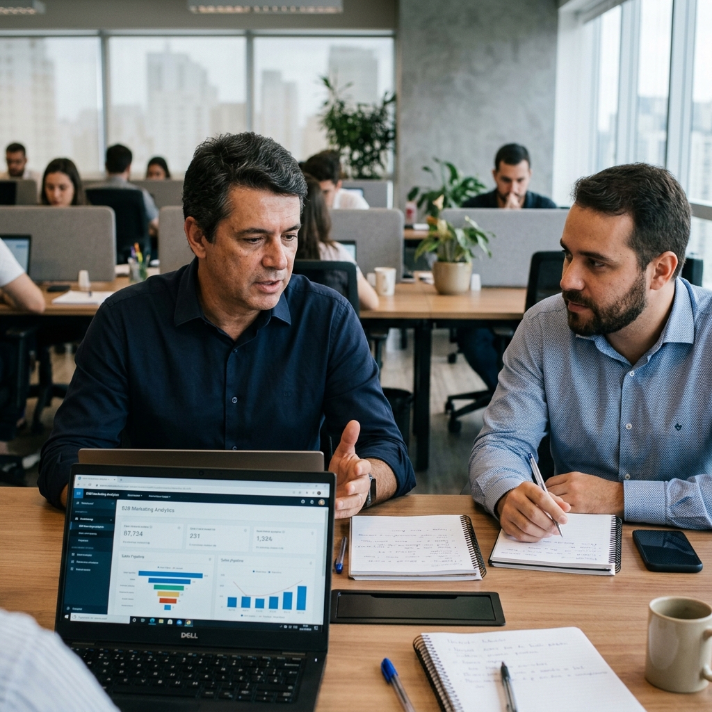 Diretoria executiva brasileira analisando métricas de conversão e pipeline de vendas em escritório corporativo moderno