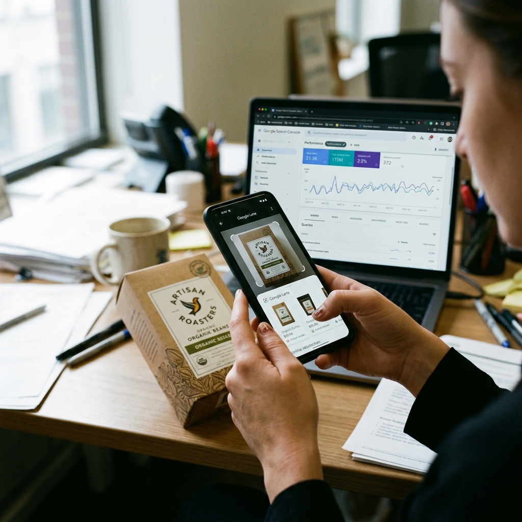 Especialista em SEO realizando busca visual por imagem via Google Lens em smartphone ao lado de notebook com dados do Search Console.