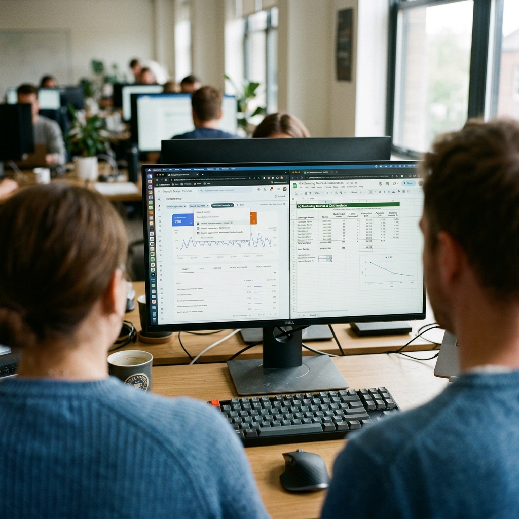 Tela de computador em primeiro plano exibindo relatório de desempenho de busca multimodal no Google Search Console e planilha de redução de CAC.
