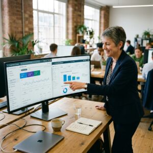 Diretora de marketing analisando relatório de busca multimodal do Google Search Console e métricas de CAC em monitor ultrawide no escritório.