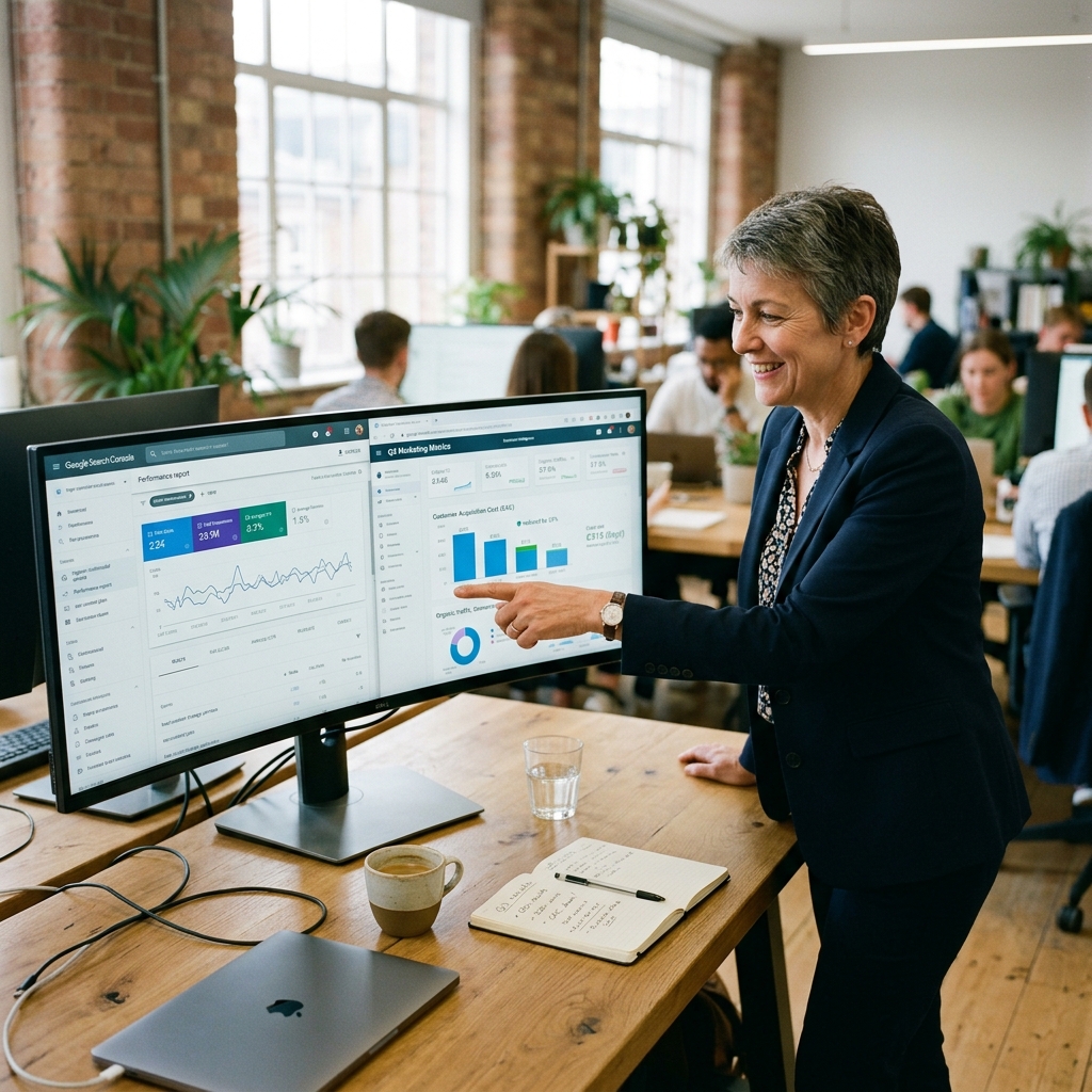 Diretora de marketing analisando relatório de busca multimodal do Google Search Console e métricas de CAC em monitor ultrawide no escritório.