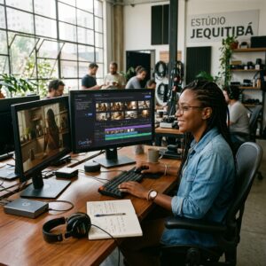 Profissional de marketing e vídeo trabalhando em estúdio com dois monitores, utilizando o Gemini Omni para gerar e editar vídeos comerciais profissionais com inteligência artificial.
