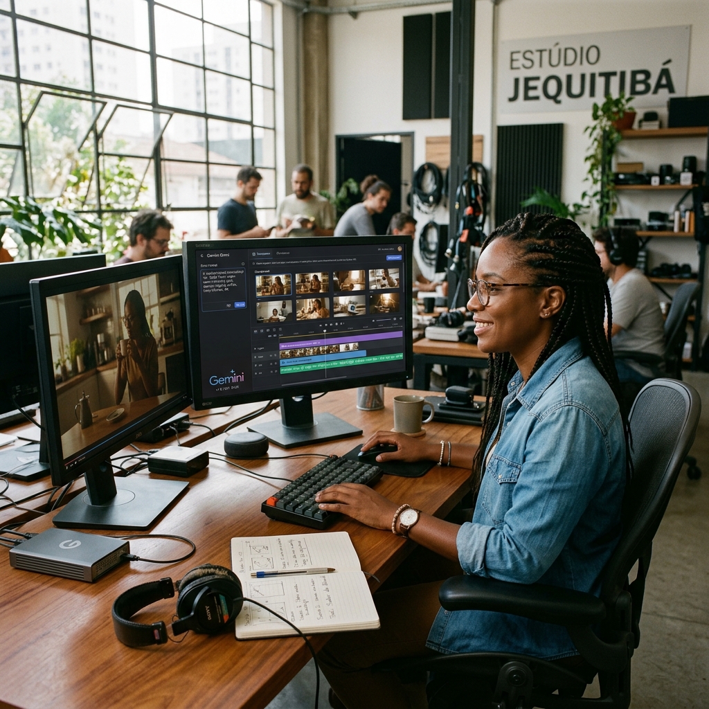 Profissional de marketing e vídeo trabalhando em estúdio com dois monitores, utilizando o Gemini Omni para gerar e editar vídeos comerciais profissionais com inteligência artificial.
