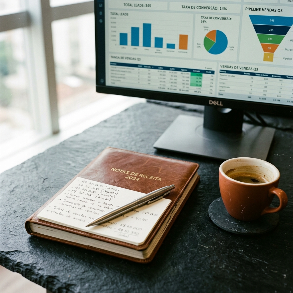 Visão detalhada de relatório analítico de CRM e anotações financeiras sobre mesa de negócios.