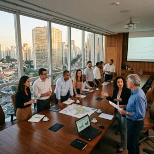 Diretoria executiva reunida em sala de reunião corporativa traçando estratégias de expansão e crescimento de vendas.