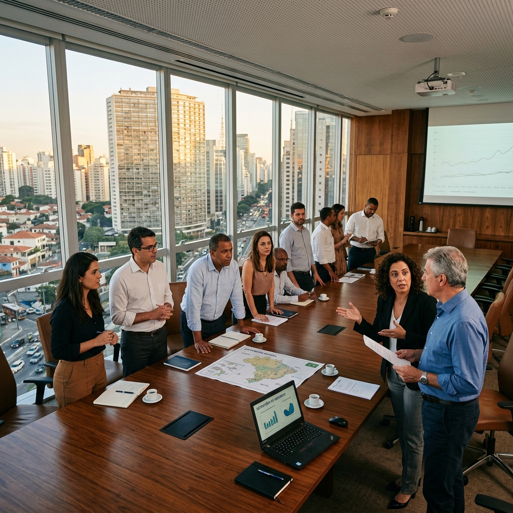 Diretoria executiva reunida em sala de reunião corporativa traçando estratégias de expansão e crescimento de vendas.