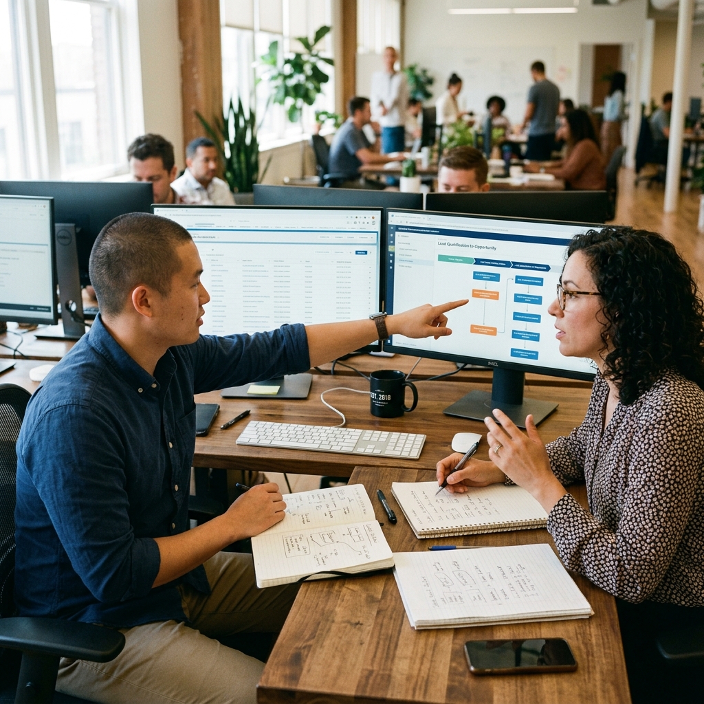 Gestor de vendas e executivo de contas configurando etapas do funil comercial e regras de cadência no sistema de CRM.