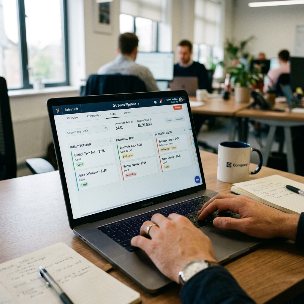 Detalhe aproximado de tela de laptop exibindo painel Kanban de CRM com etapas de prospecção, propostas e alertas de follow-up.