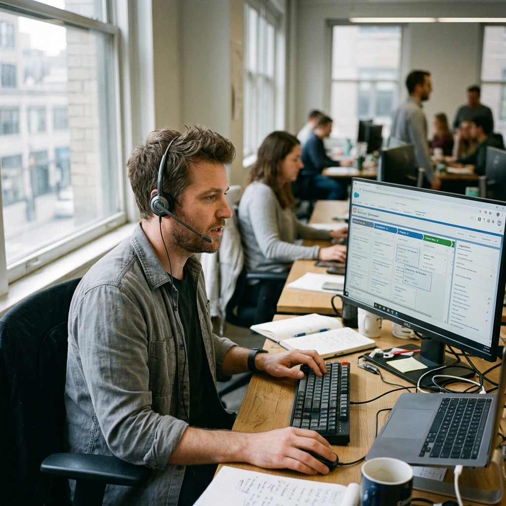 Vendedor B2B utilizando headset e registrando histórico de negociação em tempo real na plataforma de CRM comercial.