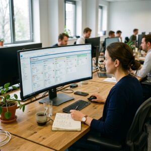 Profissional de vendas acompanhando pipeline de oportunidades em software de CRM comercial em monitor widescreen em escritório corporativo.