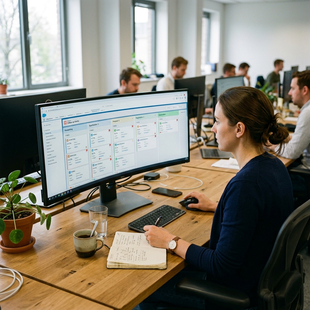 Profissional de vendas acompanhando pipeline de oportunidades em software de CRM comercial em monitor widescreen em escritório corporativo.