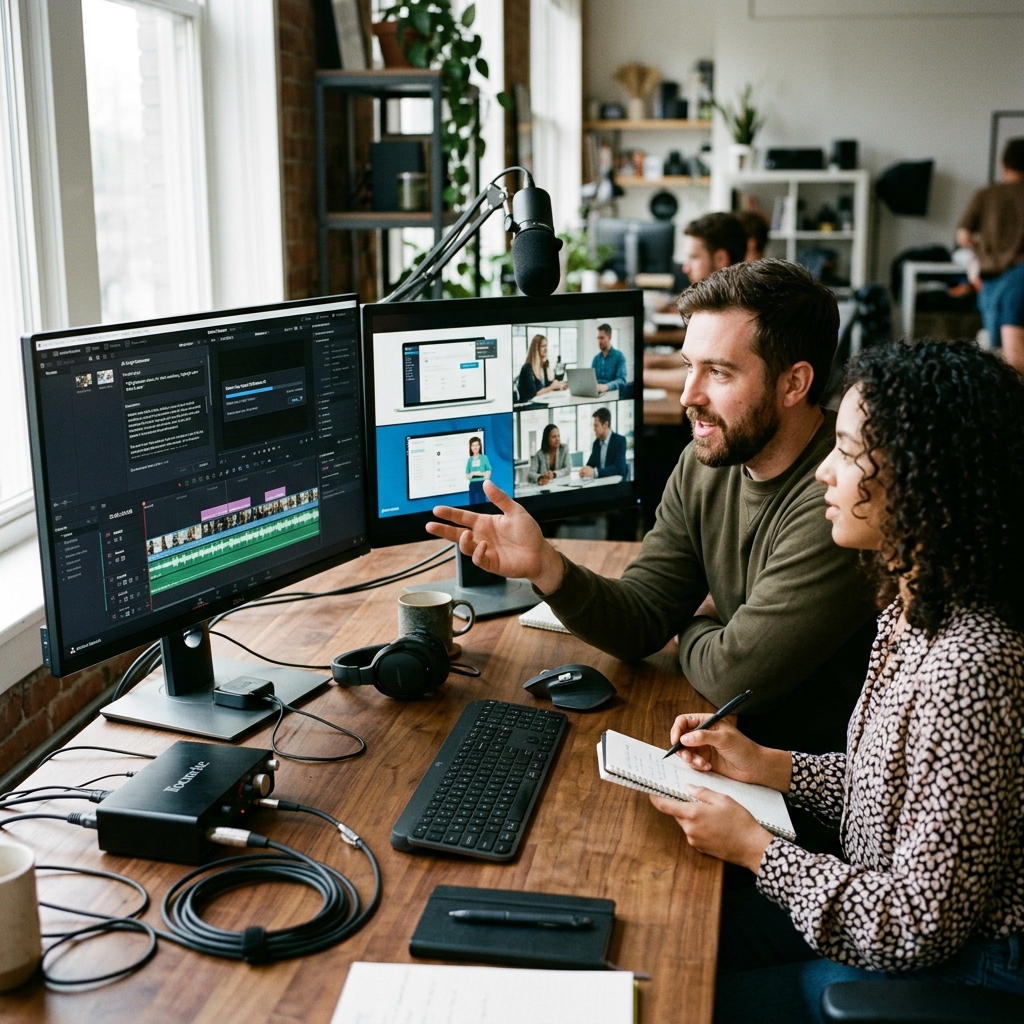Profissionais de marketing e produção audiovisual analisando linha do tempo de edição com integração de IA e geração de criativos para vendas corporativas.