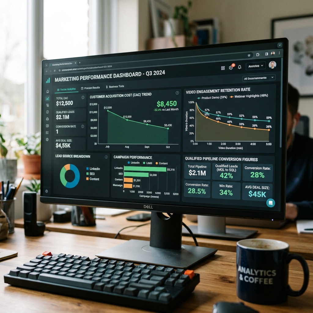 Tela de monitor exibindo painel analítico de marketing B2B com redução de CAC, taxas de retenção de vídeo e crescimento do funil de vendas.