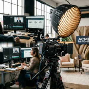 Estúdio de produção de vídeo profissional para marketing B2B com câmera de cinema, iluminação de estúdio e bancada de edição com métricas de conversão e vendas.