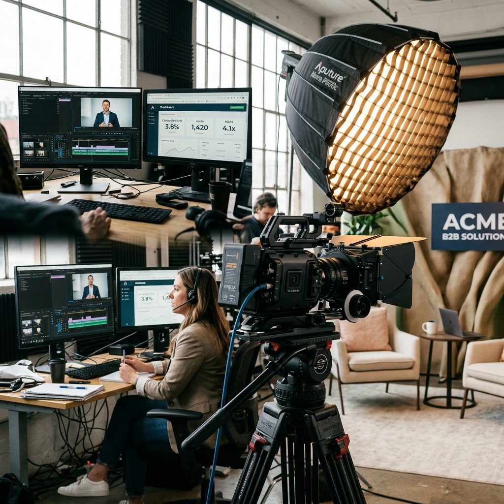 Estúdio de produção de vídeo profissional para marketing B2B com câmera de cinema, iluminação de estúdio e bancada de edição com métricas de conversão e vendas.