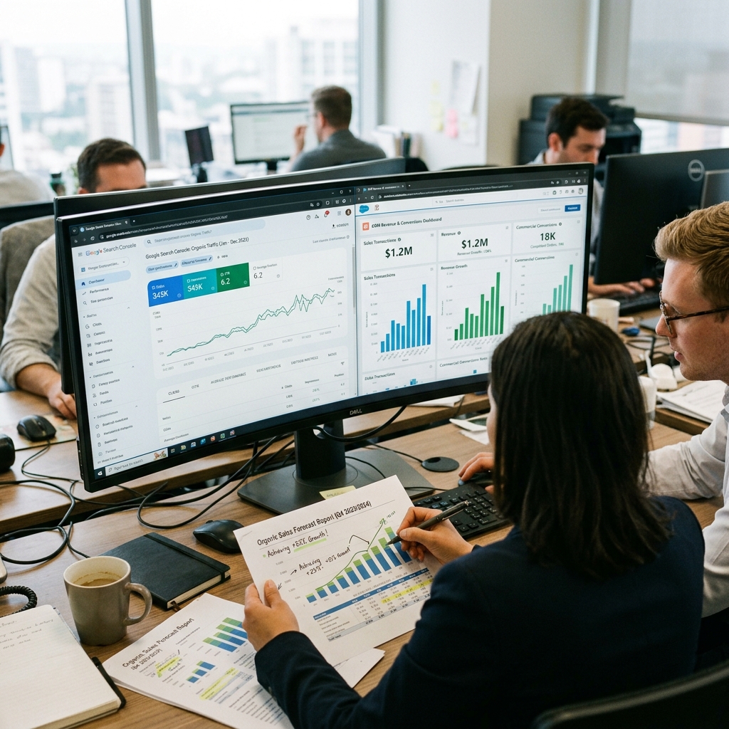 Visão em primeiro plano de monitor com dados reais de cliques e impressões do Google Search Console integrados ao dashboard de faturamento comercial.