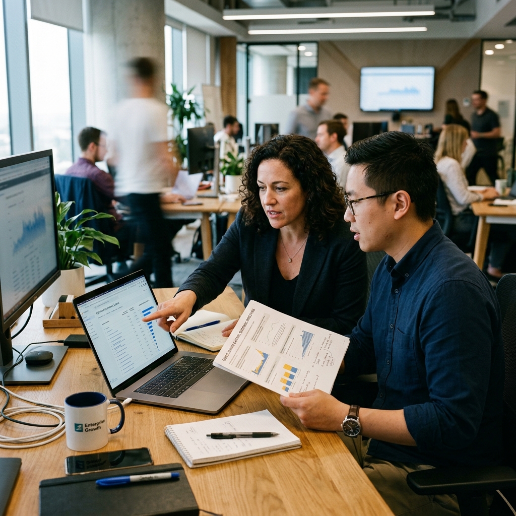 Diretor comercial e especialista em SEO corporativo alinhando metas de vendas e palavras-chave de alta conversão com base em relatório do Google Search Central.