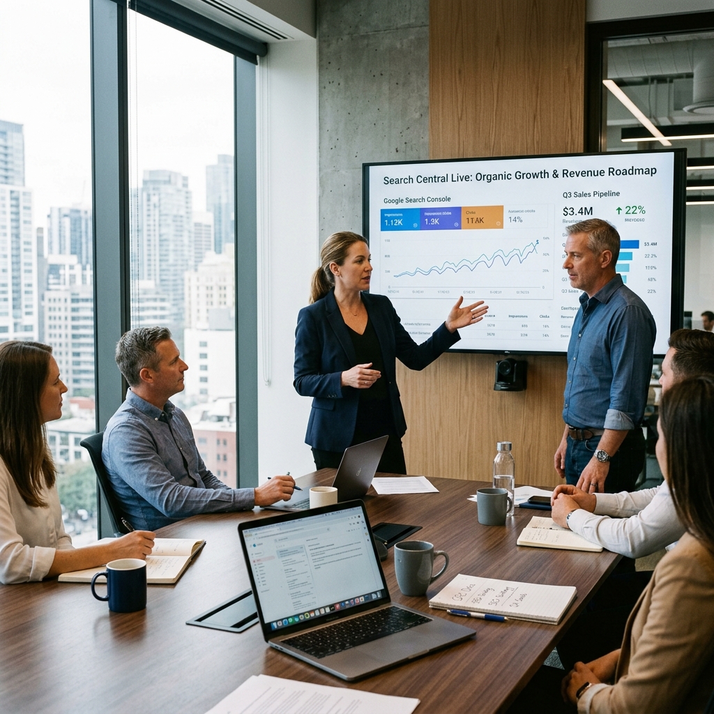 Diretoria executiva reunida em sala de reunião corporativa analisando métricas do Google Search Console e projeções de vendas orgânicas baseadas no Google Search Central Live.