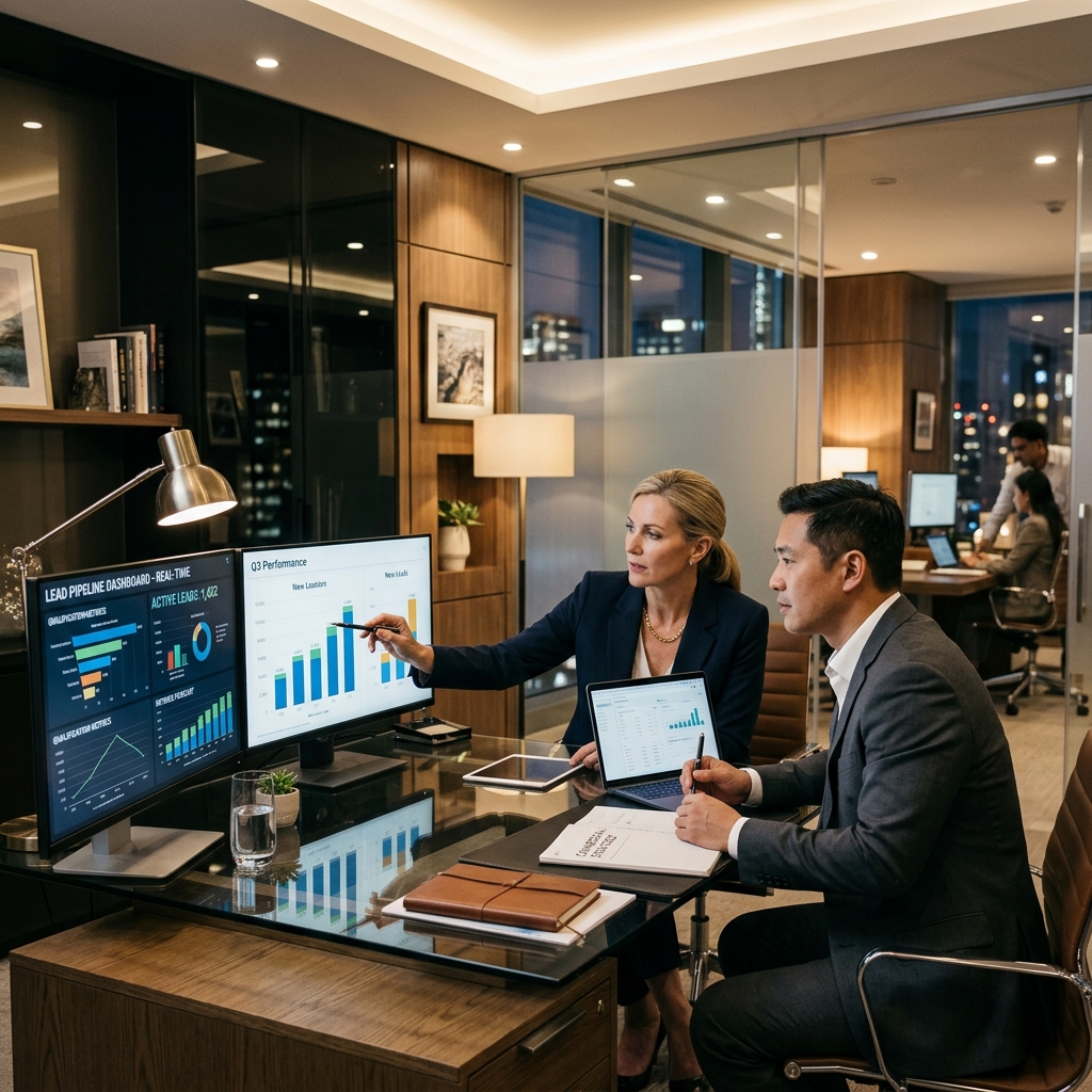 Gestores comerciais analisando dados de velocidade de resposta a leads e conversão de vendas em ambiente corporativo