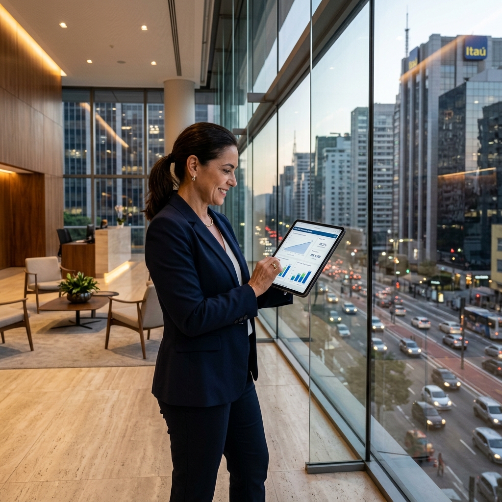 Executivo corporativo moderno acompanhando métricas de faturamento e expansão comercial em tablet