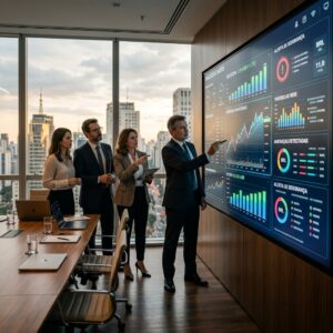 Diretores e gestores em reunião corporativa analisando métricas de crescimento e inteligência artificial no ambiente de negócios
