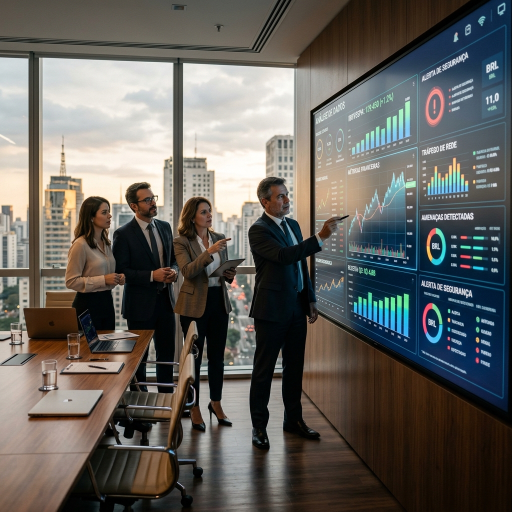 Diretores e gestores em reunião corporativa analisando métricas de crescimento e inteligência artificial no ambiente de negócios