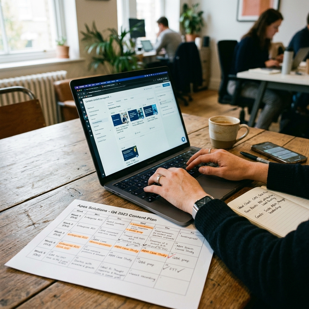 Profissional de marketing B2B organizando calendário editorial de publicações estratégicas para o LinkedIn em laptop com anotações de personas e contas-chave.