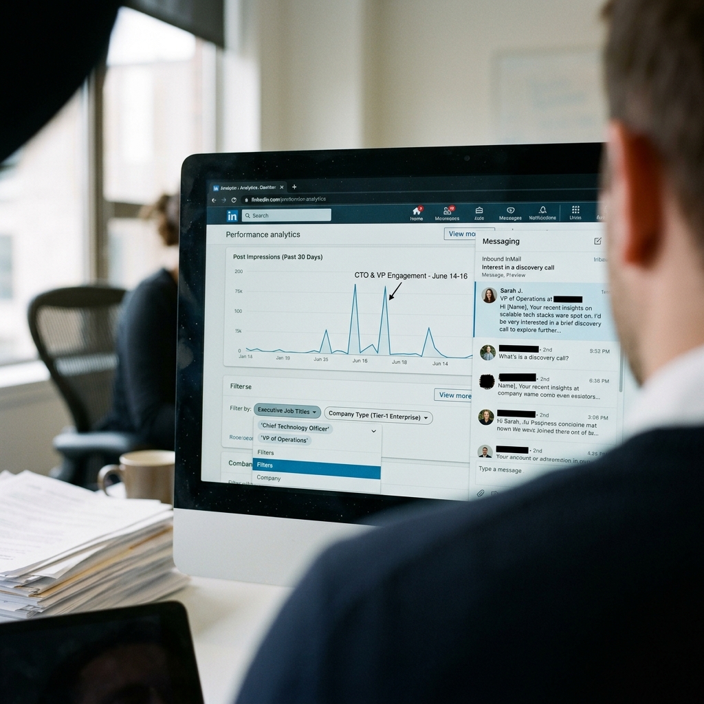 Monitor de computador exibindo métricas do LinkedIn Analytics com engajamento qualificado de diretores C-level e mensagem direta de prospecção corporativa.