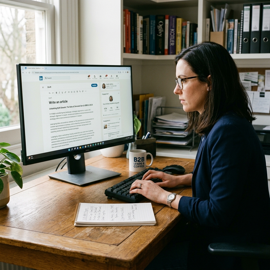Diretor de marketing B2B redigindo artigo de liderança de pensamento na interface do LinkedIn em monitor de escritório para geração de demanda de grandes contas.