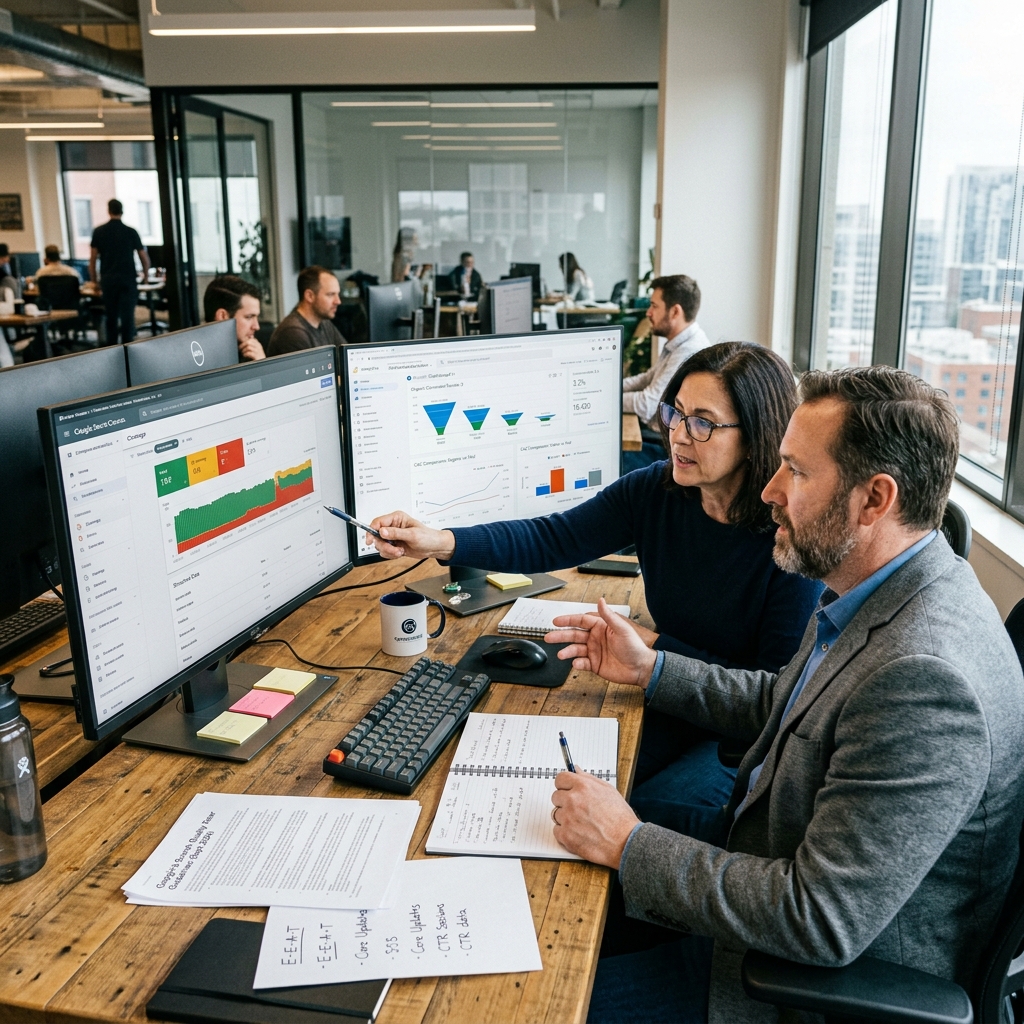 Especialista em SEO e diretora de marketing avaliando relatórios técnicos de indexação do Google Search Console e funil de conversão orgânica em monitor duplo.