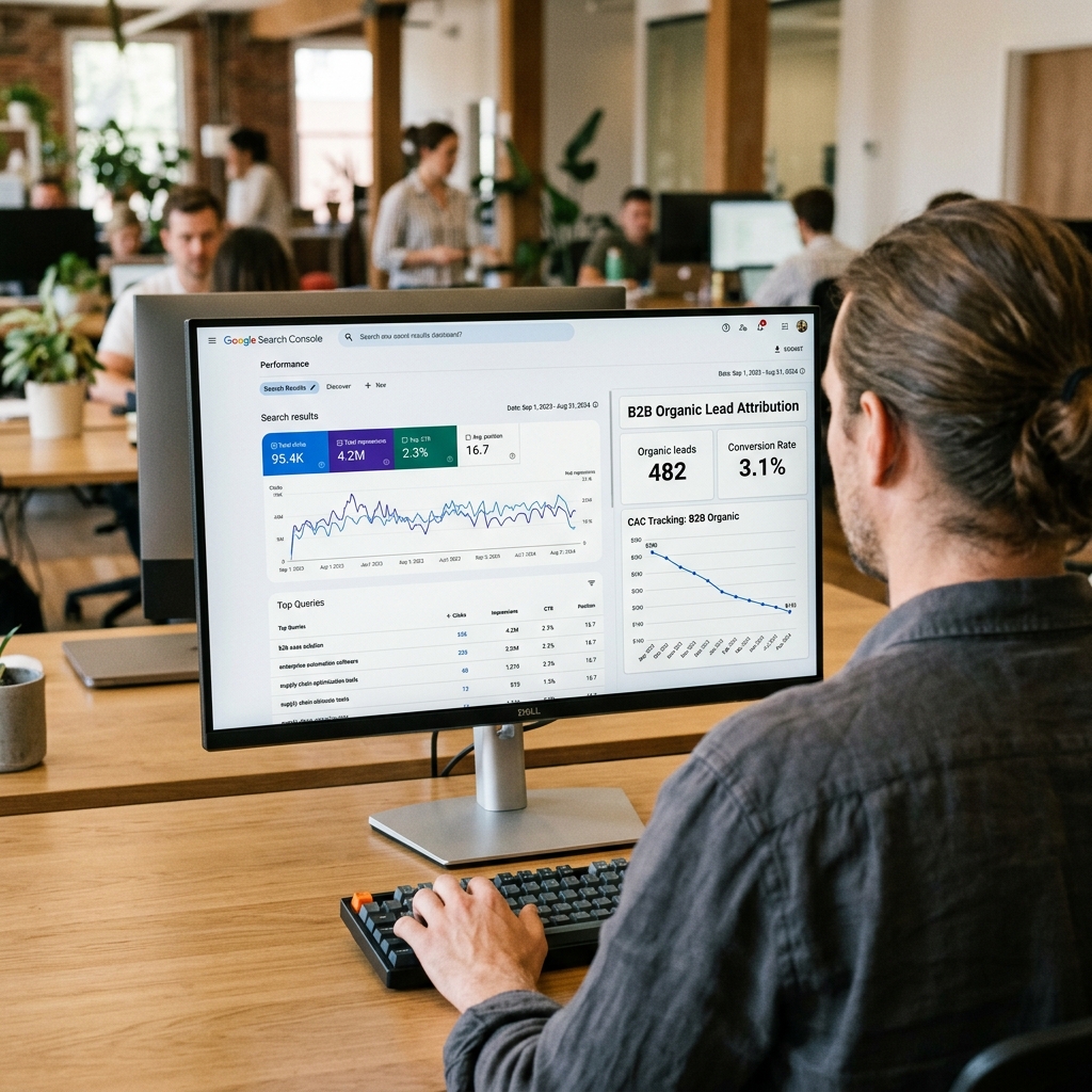 Visão detalhada de tela de computador exibindo dashboard oficial do Google Search Console com curva de crescimento de cliques orgânicos e redução de CAC.
