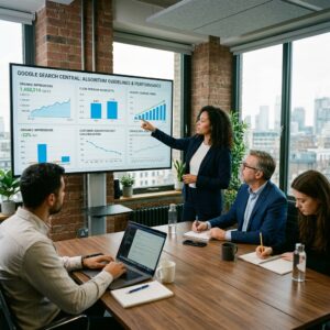 Liderança corporativa reunida em sala de reunião analisando métricas do Google Search Console e diretrizes do Search Central para redução do CAC e crescimento orgânico.