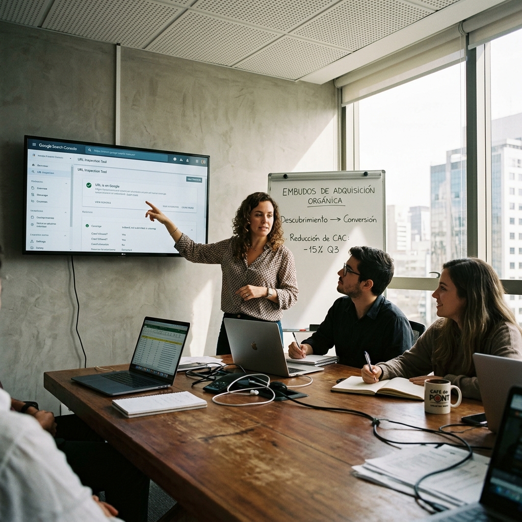 Equipe de marketing e SEO em reunião estratégica corporativa analisando dados do Google Search Console e metas de redução de CAC em tela e laptops.