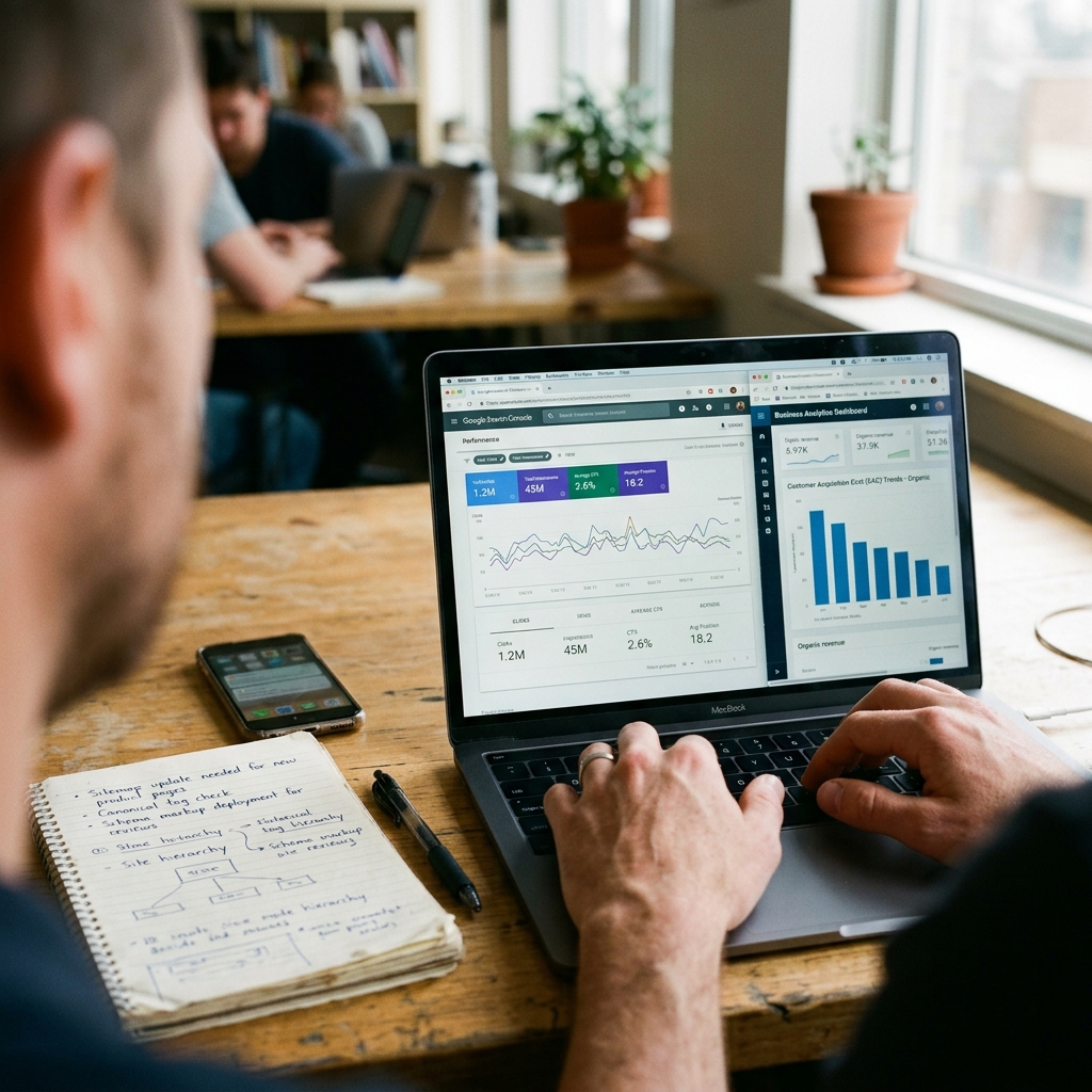 Visão detalhada sobre os ombros de profissional utilizando dashboard do Google Search Console e métricas financeiras de redução de CAC na tela de um notebook.