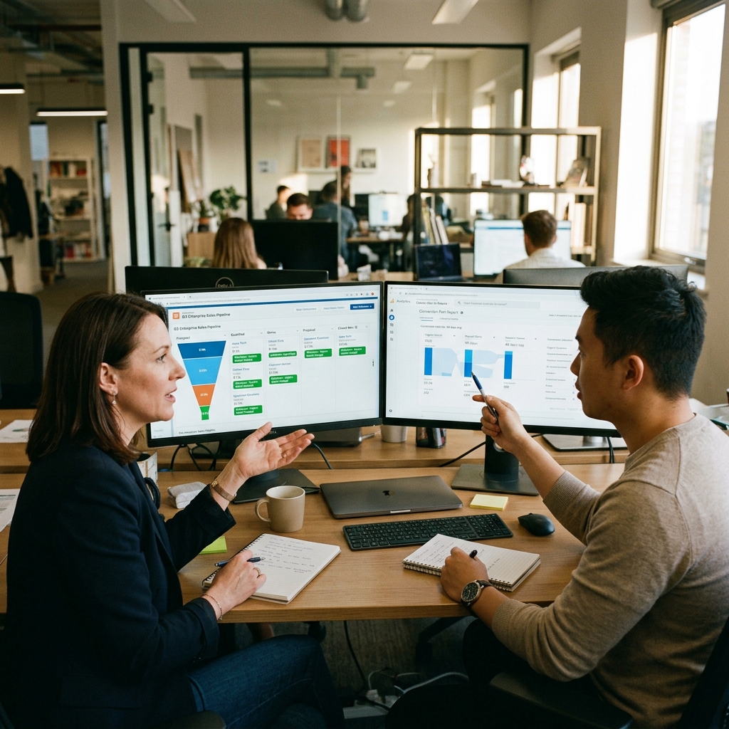 Diretora comercial e estrategista de SEO analisando funil de vendas em CRM com leads qualificados provenientes de busca orgânica em dois monitores de escritório.