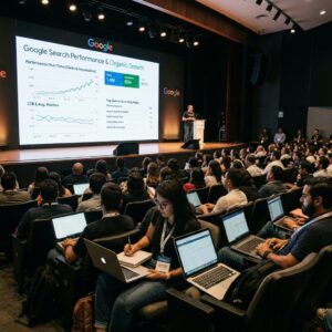 Apresentação técnica no palco do evento Google Search Central Live na América Latina para uma plateia de executivos e especialistas em marketing digital.