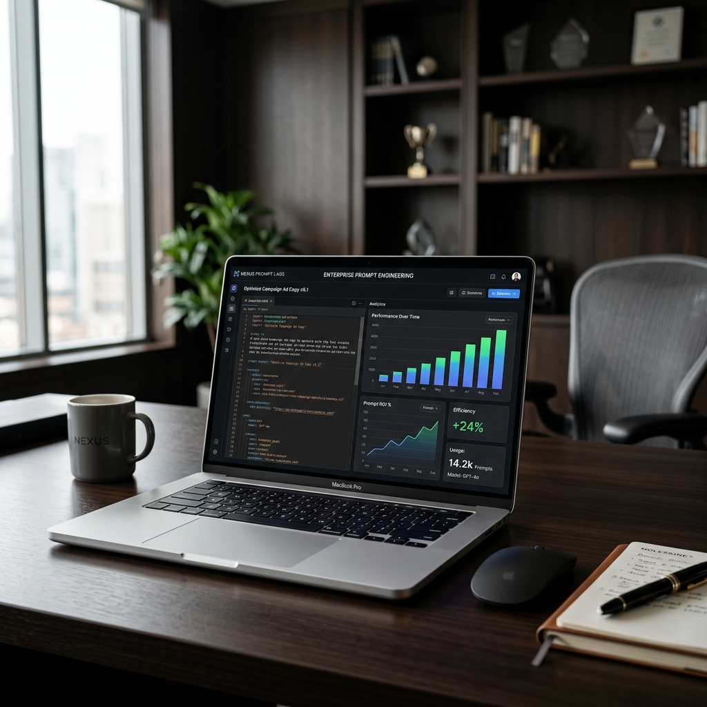 Tela de computador corporativo demonstrando estruturação técnica de comandos de inteligência artificial para aumento de produtividade comercial