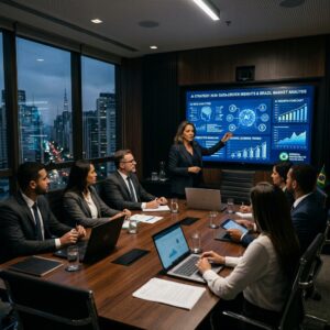 Executivos e diretores em reunião estratégica de negócios analisando dados de inteligência artificial corporativa para otimização de vendas B2B