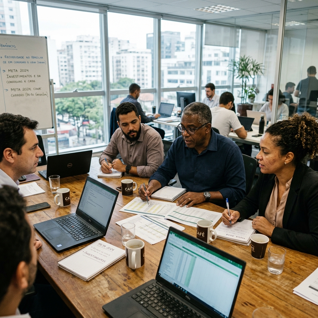 Gestores de empresa brasileira debatendo alocação de orçamento de marketing digital em reunião de diretoria