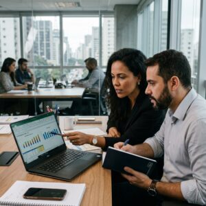 Diretora comercial e gestor de marketing analisando métricas de campanha no Google Ads em escritório corporativo brasileiro
