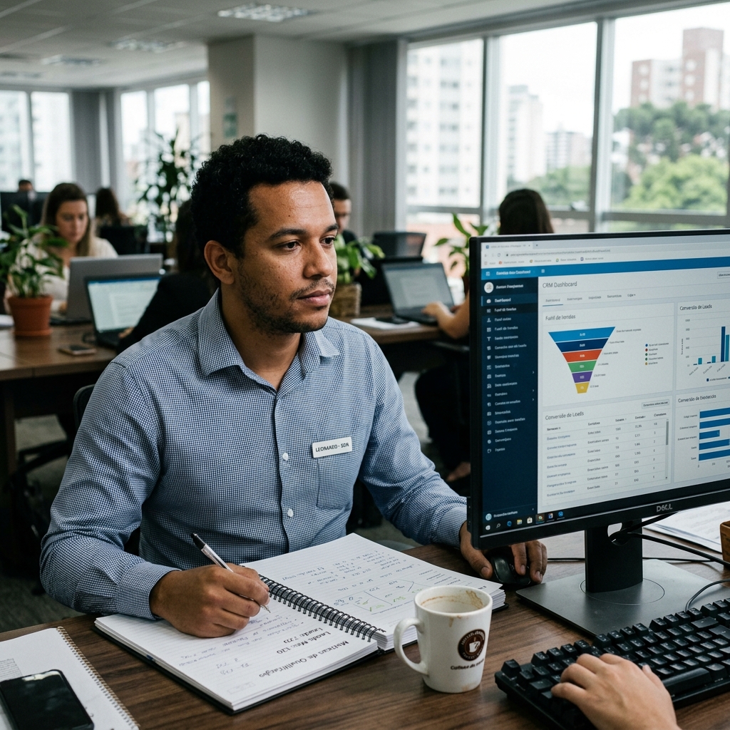 Profissional de pré-vendas corporativas qualificando oportunidades originadas por campanhas no Facebook e Instagram Ads.