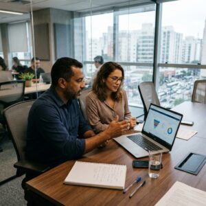 Diretor comercial e gestora de marketing analisando indicadores de leads e reuniões no Meta Ads em escritório brasileiro.