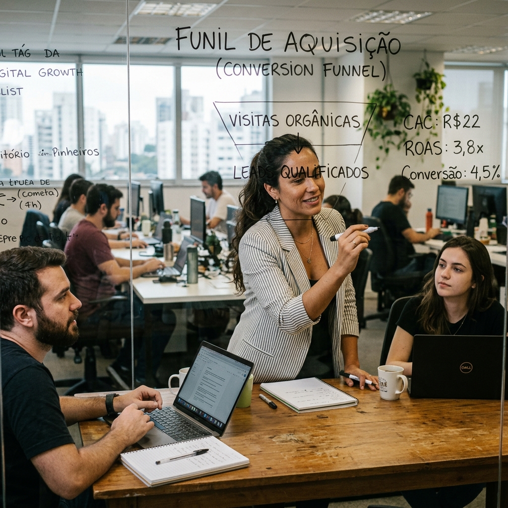 Especialista em marketing digital corporativo desenhando etapas do funil de vendas em quadro de reuniões.