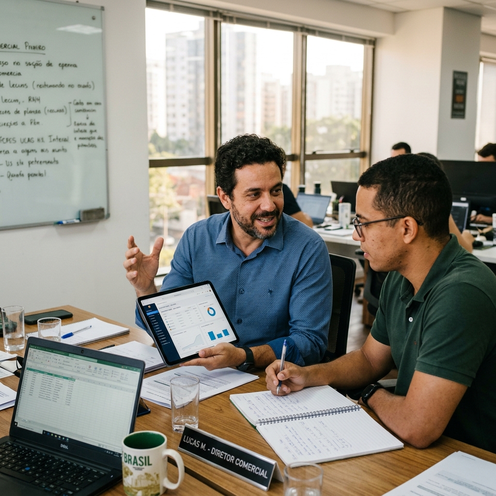 Diretor comercial brasileiro avaliando métricas de leads qualificados no tablet com equipe de vendas.