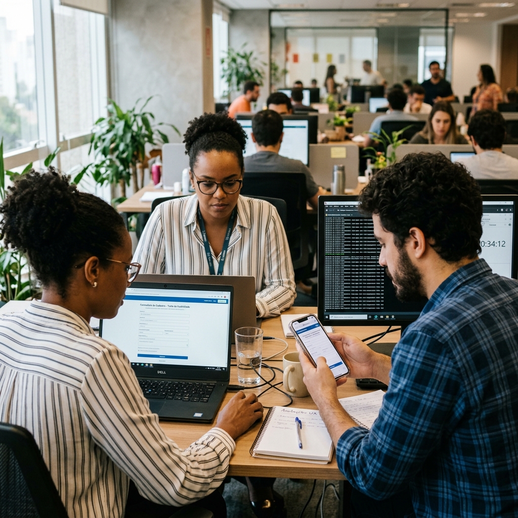 Analista de usabilidade corporativa avaliando performance de formulários de conversão em dispositivos móveis e desktops.