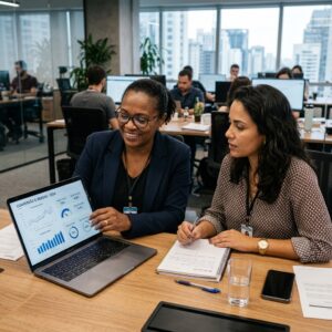 Diretoria e equipe executiva analisando gráficos de taxa de conversão e receita em escritório corporativo brasileiro.